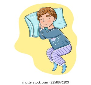Hand drawn colorful cartoon vector illustration with sleeping boy, children clipart