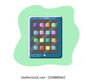 Dibujo manual de dibujos animados coloridos ilustración vectorial con tablet, teléfono con muchas aplicaciones, dispositivo infantil