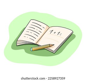 Hand drawn colorful cartoon vector image with notebook and pencil, education clipart