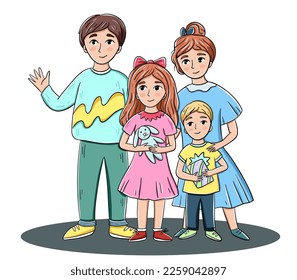 Hand drawn colorful cartoon vector image with happy family, boy, girl and parents clipart