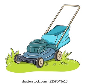 Hand drawn colorful cartoon vector illustration with lawnmower, mower clipart