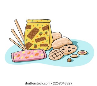 Hand drawn colorful cartoon vector illustration with cookies and snack set clipart