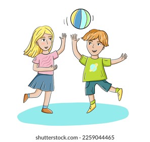 Hand drawn colorful cartoon vector illustration with playing ball boy and girl clipart