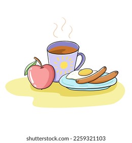 Hand drawn colorful cartoon vector illustration with breakfast with hot tee, apple, sausages and egg clipart