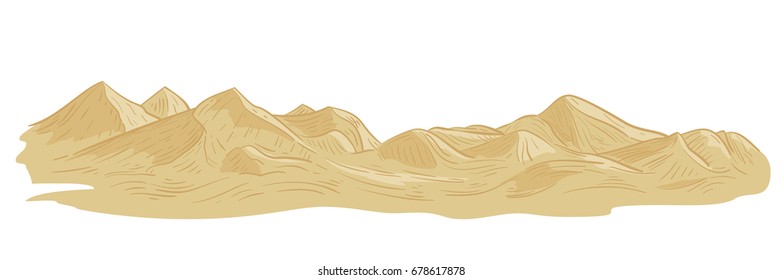 Hand drawn colorful cartoon yellow desert mountains sketch in engraving style. Vector illustration.
