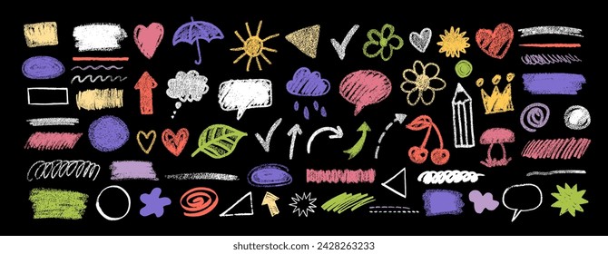 Hand drawn colorful chalk geometric elements and doodles vector collection