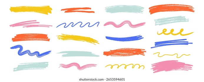 Mão desenhado colorido giz sublinhado e linhas de espiral. Traços de pincel de giz de cera, rastreios ondulados e espirais. Ilustração vetorial sobre fundo branco