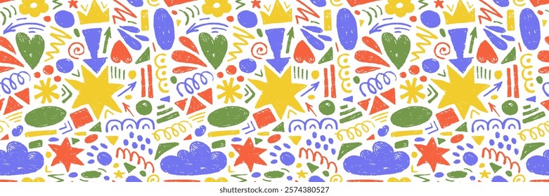 Hand drawn of colorful charcoal abstract shapes. Vector seamless pattern of contemporary texture figure in doodle style. Design elements perfect for banner, print, decor