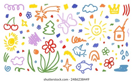 Hand drawn colorful charcoal doodle shapes and squiggles set. Pencil flowers, crowns, stars childish girly style isolated on white. Rough crayon strokes collage elements. Vector