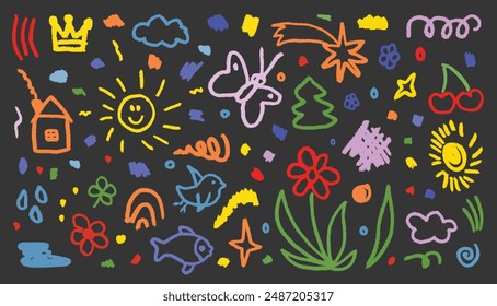 Hand drawn colorful charcoal doodle shapes set. Pencil drawing flower, butterfly, sun, crown, stars. Squiggles in childish girly style. Kid style grid doodle collection. Vector