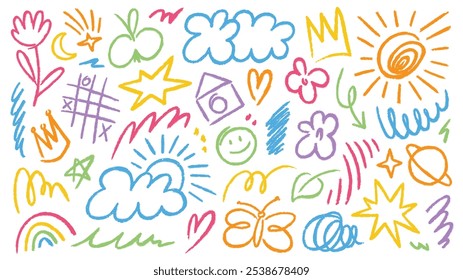 Coleção de doodle de carvão colorido desenhado à mão. Desenhos a lápis definidos com formas de rabisco incluem coroas, sol, estrelas, flores, nuvens, sorriso e outros elementos de colagem.