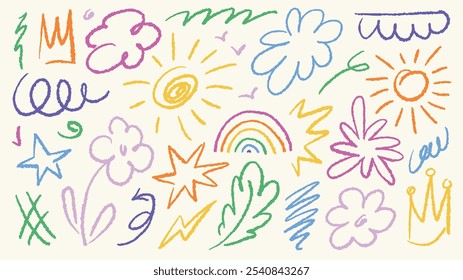 Hand drawn colorful charcoal doodle collection. Pencil drawings set with squiggle shapes and forms include crowns, sun, stars, flowers, clouds, smile and other collage elements.