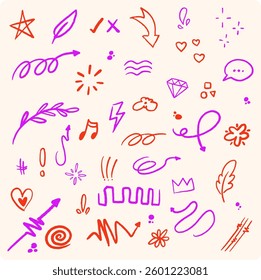Hand drawn colorful charcoal doodle shapes and squiggles set. Pencil flowers, crowns, stars childish girly style isolated on cream