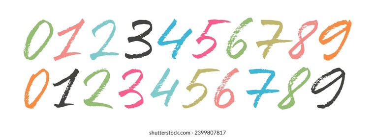 Hand drawn colorful charcoal numbers collection. Dirty textured vector digits. Rough typography elements. Childish style number drawn with charcoal or pencil. Black ink characters isolated on white.