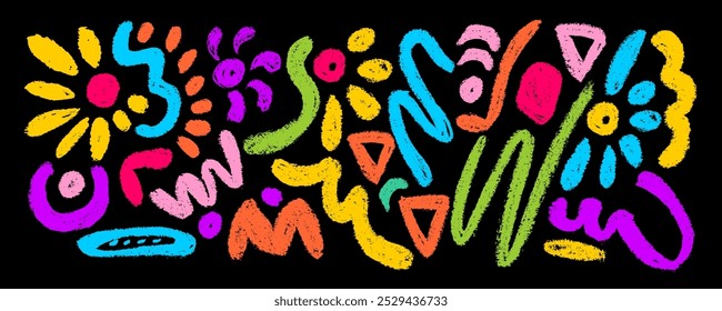 Rabiscos de carvão colorido desenhados à mão, rabiscos, pontos em negrito, linhas encaracoladas e espiral. Linhas de traçado do pincel, rabiscos, pincéis isolados no plano de fundo preto. Esboços de giz de cera preto, desenhos de rabiscos de carvão