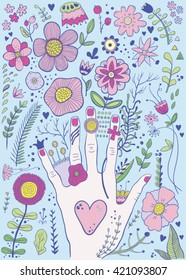 Hand drawn colorful childish hand and flowers sketch