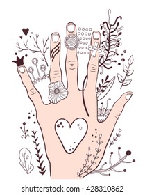 Hand drawn colorful childish hand and flowers sketch