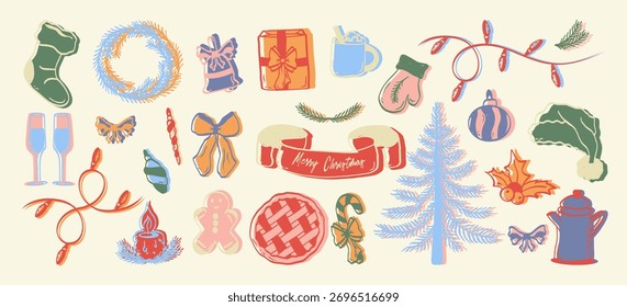 Elementos coloridos desenhados à mão do Natal esboço ilustração do vetor. Brinquedos de Natal, árvore de Natal, torta, arco, gengibre, vela, óculos, doces. Arte mínima.