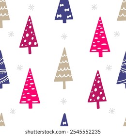 Hand drawn colorful Christmas trees seamless pattern with a little snowflakes. Vector illustration. Holiday background