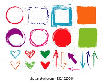 	
 hand drawn colorful  circles, squares, hearts and arrows on white background. vector crayon drawings set.