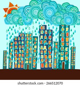 Hand drawn colorful cityscape with doodle like buildings. Vector illustration. Rainy weather.