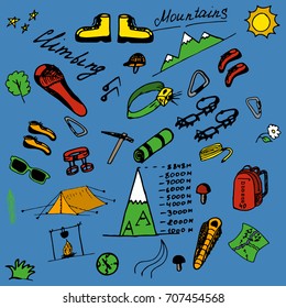 Hand drawn colorful climbing doodle sketch on blue fon with objects for mountaineering, tourism, climbing.