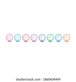 hand drawn colorful clocks on white background