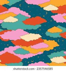 Hand drawn colorful clouds seamless pattern. Abstract sky background with stars, moon and cosmic shapes. Trippy psychedelic heaven design