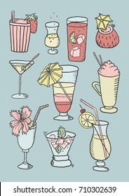 Hand drawn colorful cocktail design sketch set.