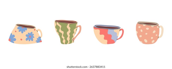 Hand drawn colorful coffee mugs in trendy minimalist style. Coffee cups icons doodles set. Collection of handcrafted ceramic tableware