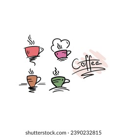 hand drawn colorful coffee, tea cups. hand drawn coffee word. doodle coffee cups