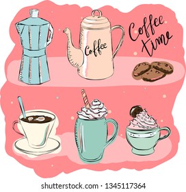 Hand drawn colorful coffee theme illustrations . RGB EPS 10 vector elements set