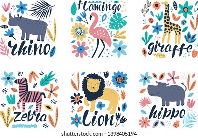 Hand drawn colorful collection of animals with flowers and leaves. Scandinavian style design. Vector illustration