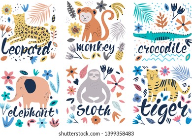 Hand drawn colorful collection of animals with flowers and leaves. Scandinavian style design. Vector illustration