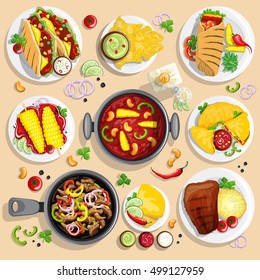 Handgezeichnete farbenfrohe Kollektion mit mexikanischen Food-Top-Illustrationen. Burrito, Taco, Salsa, Guacamol und andere mexikanische traditionelle Gerichte