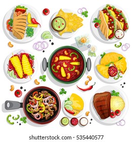 Hand drawn colorful collection with mexican food illustrations.. Burrito, taco, salsa, guacamole and other mexican traditional food in one top view collection