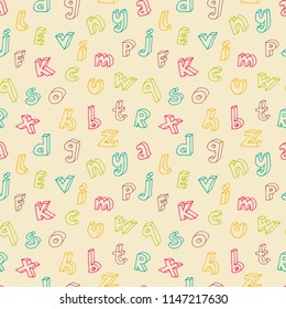 Hand drawn colorful comic isometric letters seamless pattern. Childish vector background illustration over beige. Education school wallpaper design.