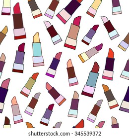 Hand drawn colorful cosmetics lipsticks seamless pattern with beauty items on the white background. Vector illustration. Useful for design, templates, invitations, scrapbooking