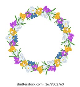 Hand drawn colorful crocus flowers circular wreath. Floral design element. Isolated on white background. Vector illustration.