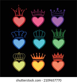 Hand drawn colorful crowned hearts doodle, king and queen crown on heart,  Free Vector