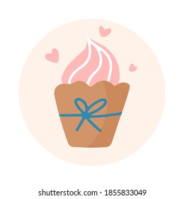 Hand drawn colorful cupcake clipart with ribbon and hearts  on beige background. Vector flat illustration. Design for greeting card, banner, web, menu, sticker, posters, gift tags and labels