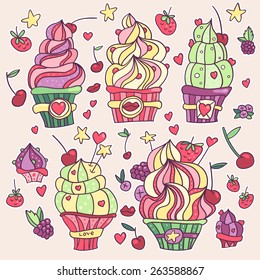 Hand drawn colorful cupcakes with strawberries, cherries, raspberries, blueberries, sugar hearts, stars and lips