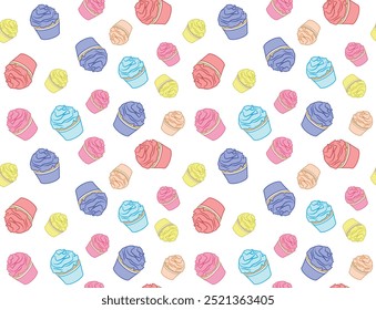 Hand drawn colorful cupcakes.Vector seamless pattern with cute hand drawn cupcakes. Lovely endless background with sweet cupcakes for nursery, Valentines designBistro design texture, restaurant print.