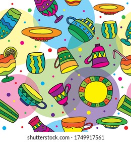 Hand drawn colorful cups and glasses. Kitchen elements collection seamless pattern. Vector illustration.