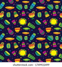 Hand drawn colorful cups and glasses. Kitchen elements collection seamless pattern. Vector illustration.
