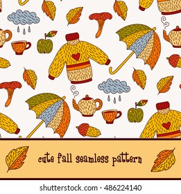Hand drawn colorful cute autumn fall signs items seamless vector pattern. Nice childish drawing