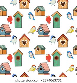 Hand drawn of Colorful cute birds houses, seamless pattern.