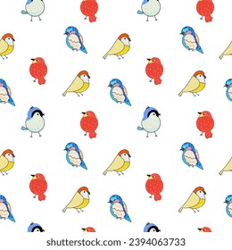 Hand drawn of Colorful cute birds houses, seamless pattern.