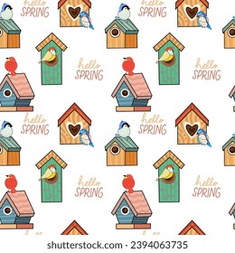 Hand drawn of Colorful cute birds houses, seamless pattern.