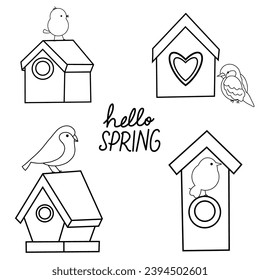 Hand drawn of Colorful cute birds houses, seamless pattern.